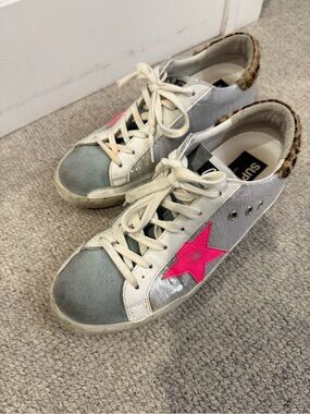 Golden Goose White Sneakers with Pink Star & Gray Toe